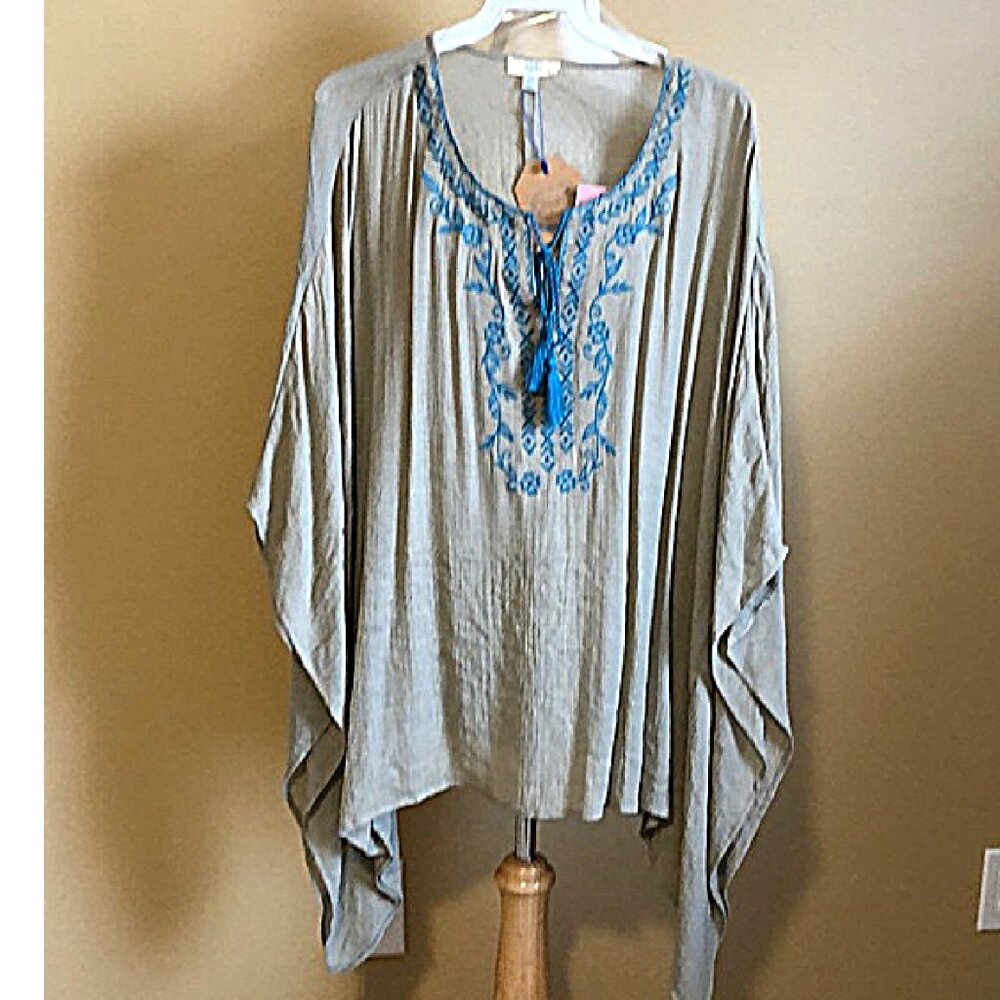 Taupe Boho Style Tunic Top with Turquoise Embroidery and Tassel Tie Bodice NWT